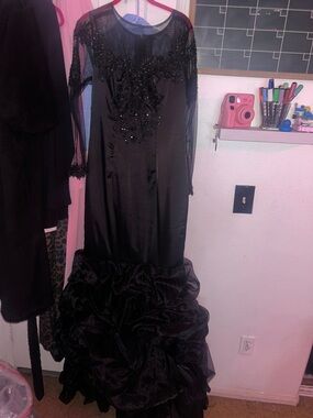 Black Beaded Mermaid Gown with Ruffled Hem